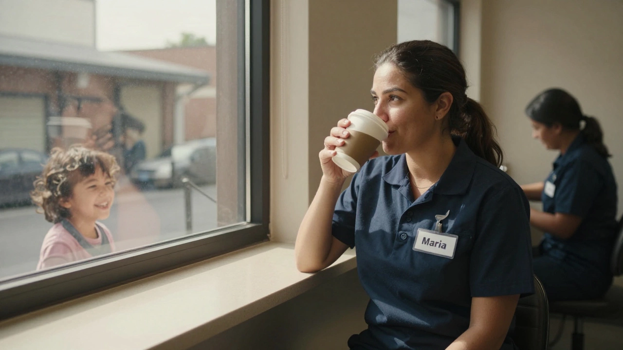 A woman in a cleaning uniform sips coffee in a break room, sunlight on her face, a quiet smile forming.