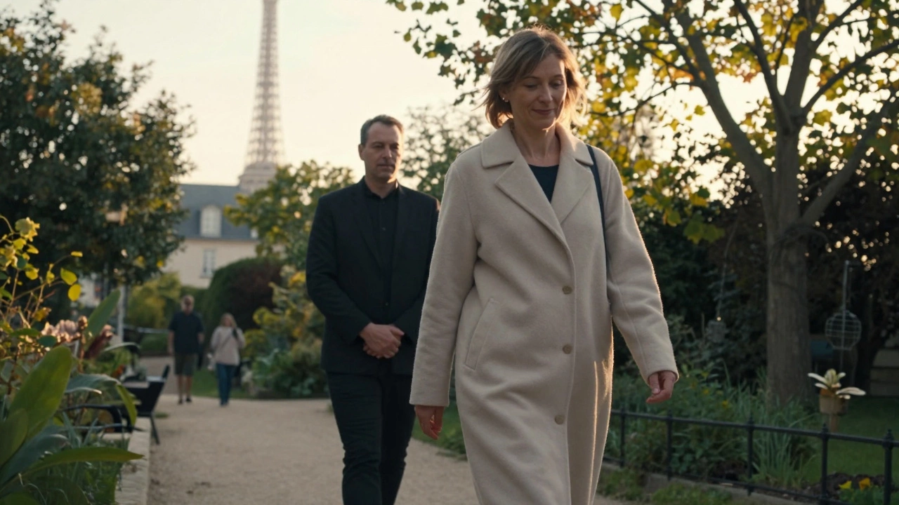 A woman walking through a hidden Montmartre garden at golden hour, accompanied by a discreet companion.